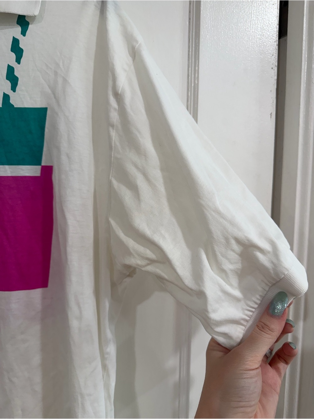 Van Heusen White Polo with Teal, Magenta & Black Geometric Print - Picture 4 of 8